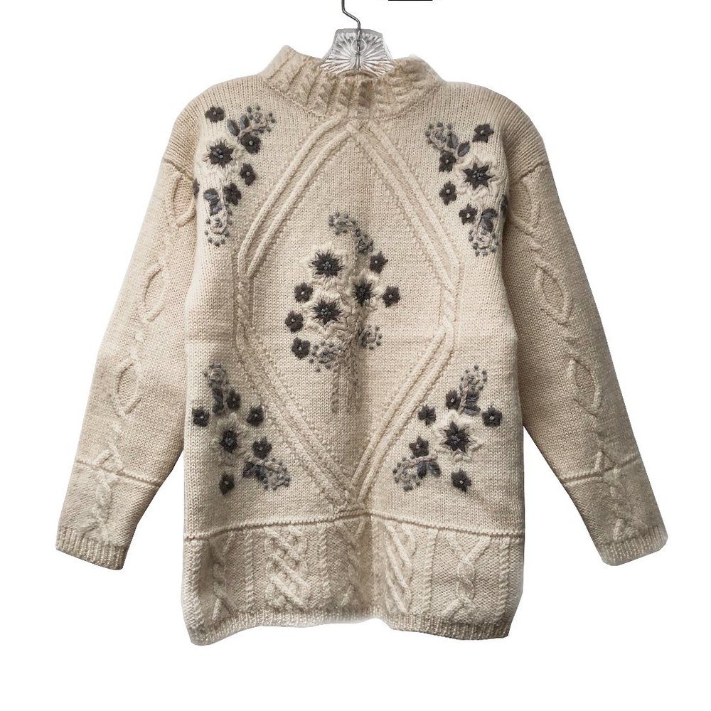 Vintage cream grey floral knit mock neck sweater